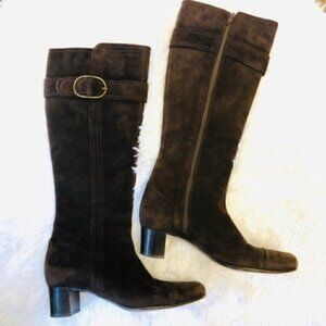 cole haan Heeled Boots 5.5 Women Oriana Suede Chocolate Brown Luxury Luxe Buckle